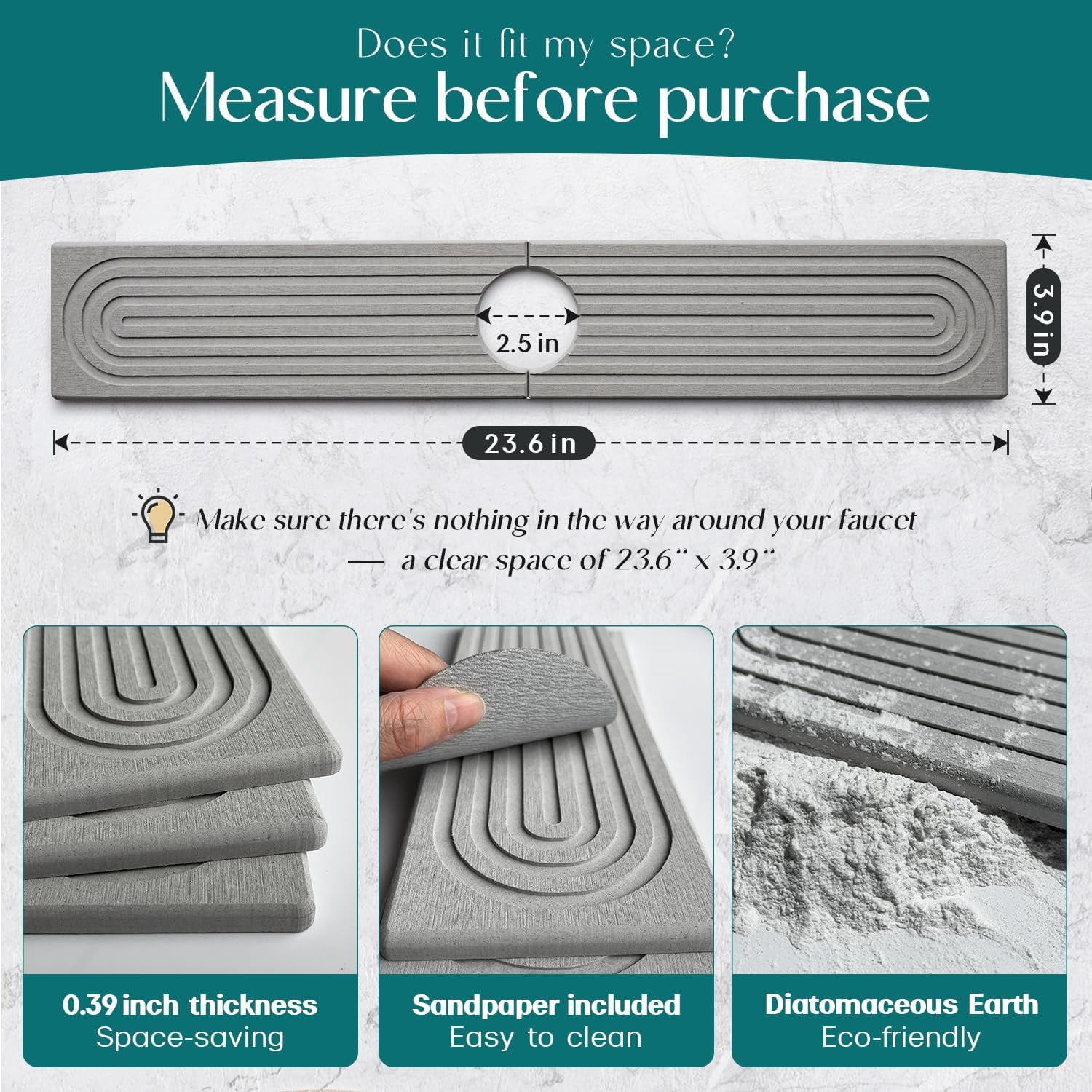 Kitchen Faucet Absorbent Mat - Diatomaceous Earth Splash Guard for Sink Faucet, Aesthetic Water Absorbing Stone Tray in The Modern Home [Grey, 23.6" x 3.9"]