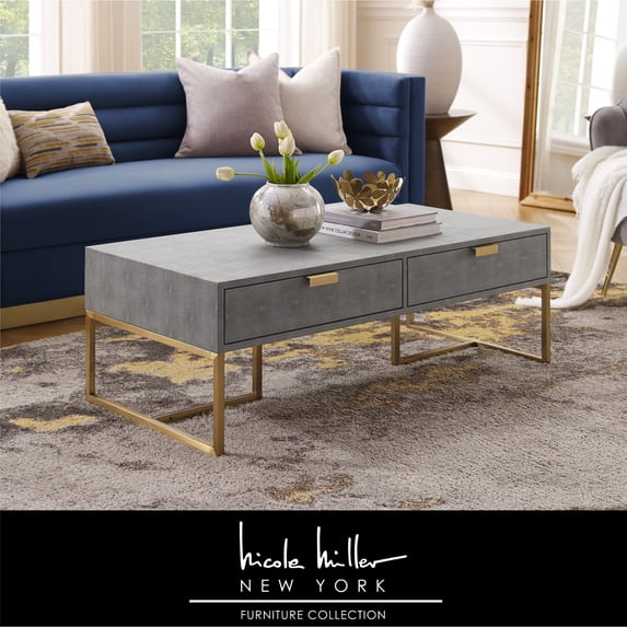 Nicole Miller Jaheim Faux Shagreen Coffee Table with 2 Drawers, Grey/Gold