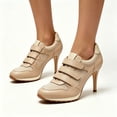 thumbnail image 3 of FSJ Women Chic Round Toe Sneaker Heels Mesh Leather Strap Stiletto Pumps Size 6.5 Nude, 3 of 4