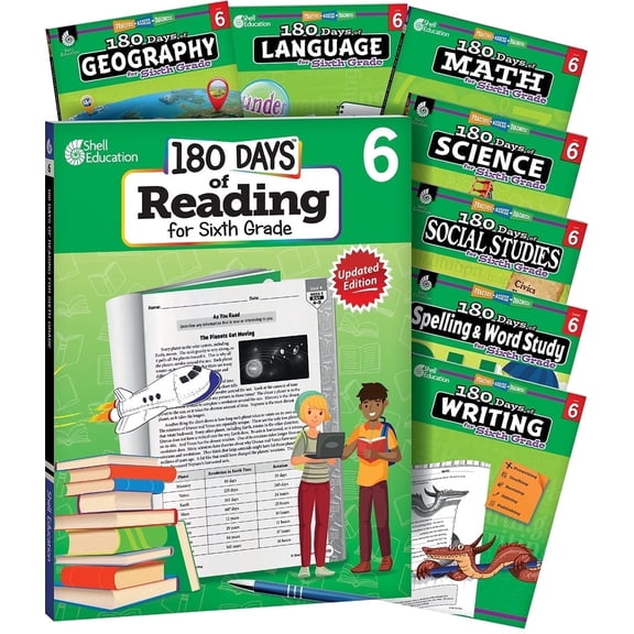 180 Days™: The Ultimate 6th Grade Skill-Building Bundle: 180 Days: Practice for Reading 2nd Edition, Writing, Spelling, Language, Science, Math, Social Studies, and Geography
