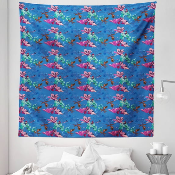 Floral Tapestry, Vibrant Tones of Blooming Lilies Phloxes Garden Art Nature Composition, Fabric Wall Hanging Decor for Bedroom Living Room Dorm, 5 Sizes, Azure Blue Multicolor, by Ambesonne