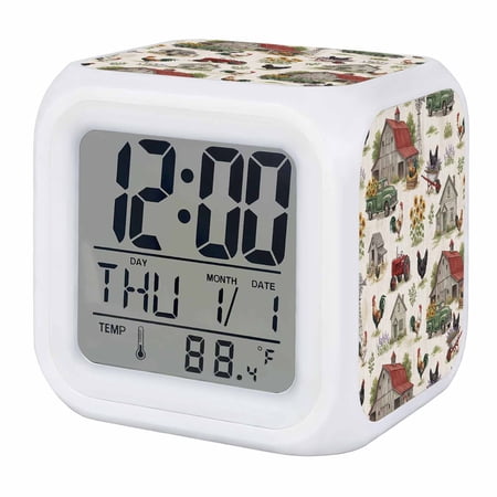 Farmhouse Chicken Digital Alarm Clock for Bedrooms, Smart LED Alarm Clock with 7 Color Changing Night Light, Country Farm Barn Sunflower Rustic Silent Wake Up Clocks for Sleep Study Cooking 3.2x3.2
