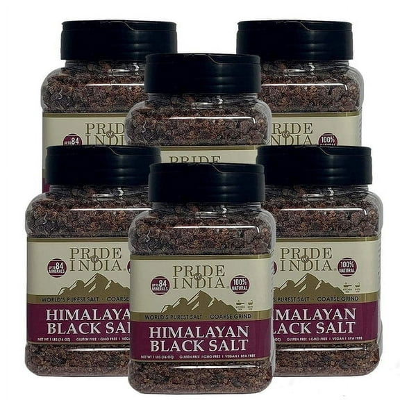 Pride Of India -PACK of 6 - Himalayan Black Salt - Coarse Grind, 1 Pound (16oz) Jar-Kala Namak - Contains 84  Minerals -Use in grinders, restaurants & cooking - Perfect for Faux Egg Recipes Scramble
