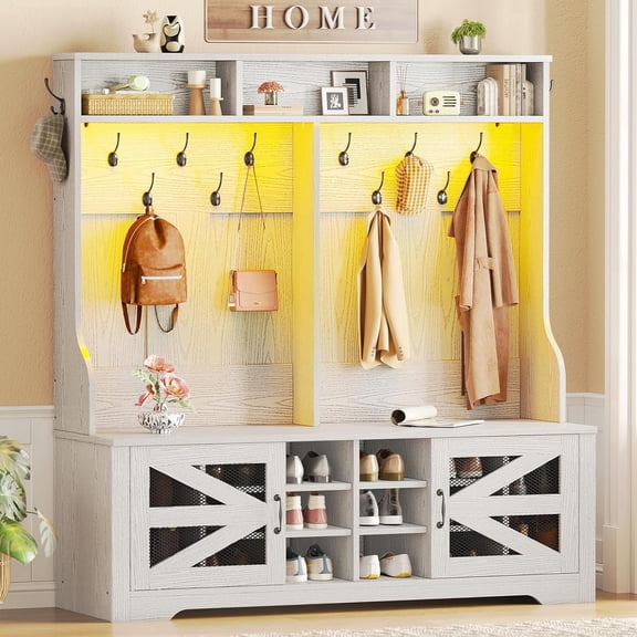 Hall Tree with Coat Rack and 16 Shoe Cubbies, 5-in-1 Entryway Bench with Bench and Shoe Storage, Barn Door & Adjustable Shelf, Embossed White