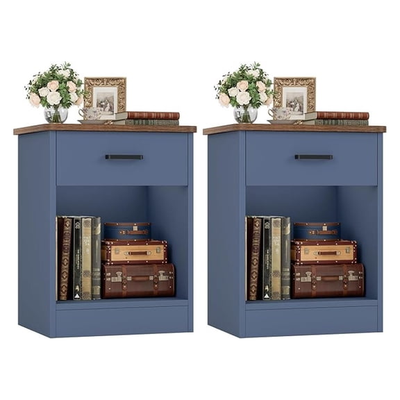 Nightstand Set of 2, 2-Tier Side Table with Drawer and Storage Shelf, Bedside Table End Table, Modern Night Stand for Bedroom, Home Office, Blue