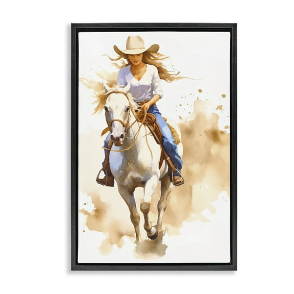 Stupell Industries Cowgirl Jockey Charm People Painting Black Floater Framed Canvas Art Print Wall Art, 17 x 25