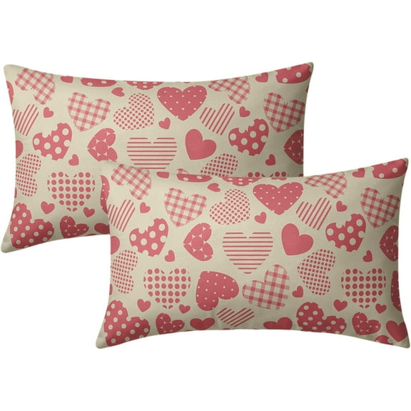 Valentines Day Lumbar Pillow Covers 12x20 Set of 2 Buffalo Plaid Dots Stripes Pink Love Heart Print Decorative Throw Pillows Rustic Valentine's Day Pillow Cases Decor for Couch Sofa Bed