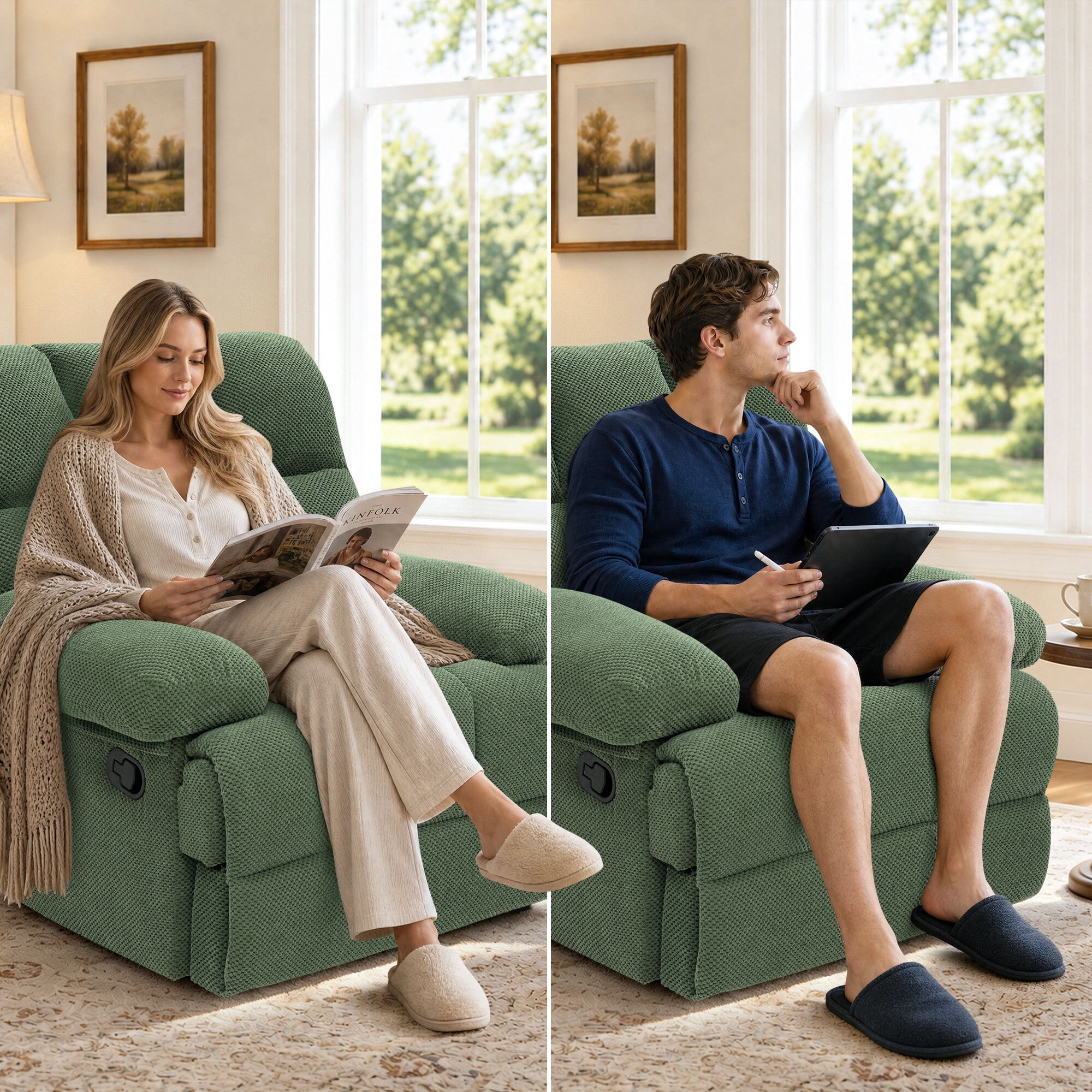 Lunale Manual Rocker Recliner for Home/Office, Adults Fabric Reclining Lounge Chair with Footrest, Green Polyester