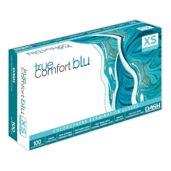 Dash Medical TCB100S Tru Comfort Blu Polycholorprene Exam Gloves Small 100/Pk