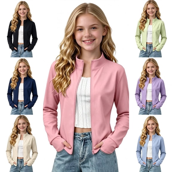 Mitankcoo Girls Mock Neck Zip Up Jacket Slim Long Sleeve Athletic Coat with Thumb Holes Lightweight Casual Outerwear 3-15Y