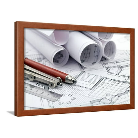 - Rolls of Architecture Blueprint and Work Tools - Ruler, Pencil, Compass Framed Print Wall Art By -Vladimir-