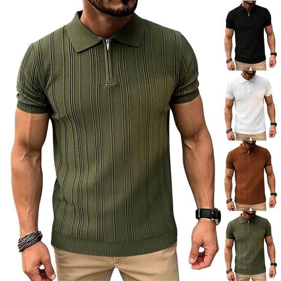 Men's Ribbed Knit Polo Shirt, Breathable Vertical Striped Texture, Quarter Zipper Short Sleeve Knitwear for Summer Beach and Vacation Wear, Sizes S-2XL White
