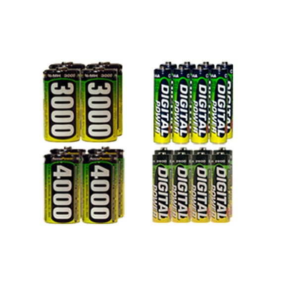 8 AA (2600 mAh) + 8 AAA (1200 mAh) + 4 C (3000 mAh) + 4 D (4000 mAh) NiMH AccuPower Batteries