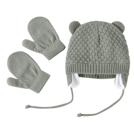 

Baby Hat with Cute Earflap Soft Warm Knit Fleece Lining Beanie 0-12 Months Winter Cap with Mitten Set