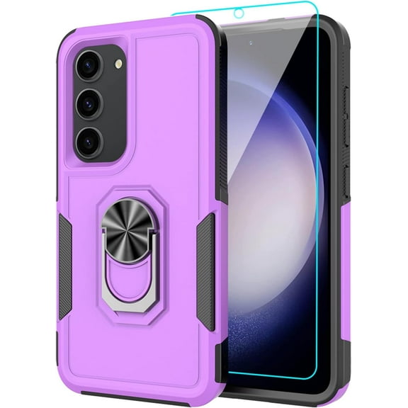 for Samsung Galaxy S23 Plus Case with Tempered Glass Screen Protector,Heavy-Duty Tough Rugged Phone Case Cover with Ring Holder Kickstand for Galaxy S23 Plus 5G (6.6", 2023) [Purple/Black]