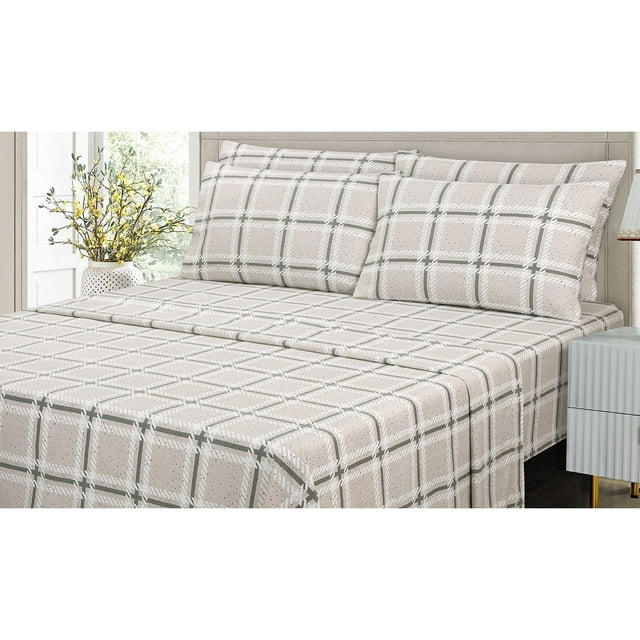 Cotton House - Flannel Sheet Set, 100% Cotton, Queen Size, Grey Plaid Design