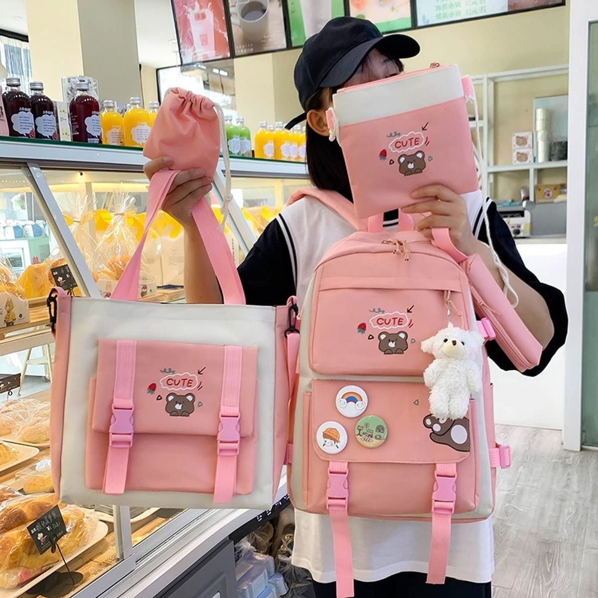 5Pcs Kawaii Cute Backpacks Combo Set with Bear Pendant & Pins - Back To School Supplies Japanese Anime Student Daypack Bag Kit with Tote