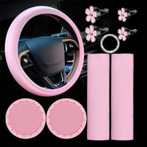 NOGIS 10 Pcs Leather Steering Wheel Cover for Women Cute Car Accessories Set with Seat Belt Shoulder Pads Seatbelt Covers Cup Holders Bling Start Button Ring Sticker Air Vent Clip Accessories