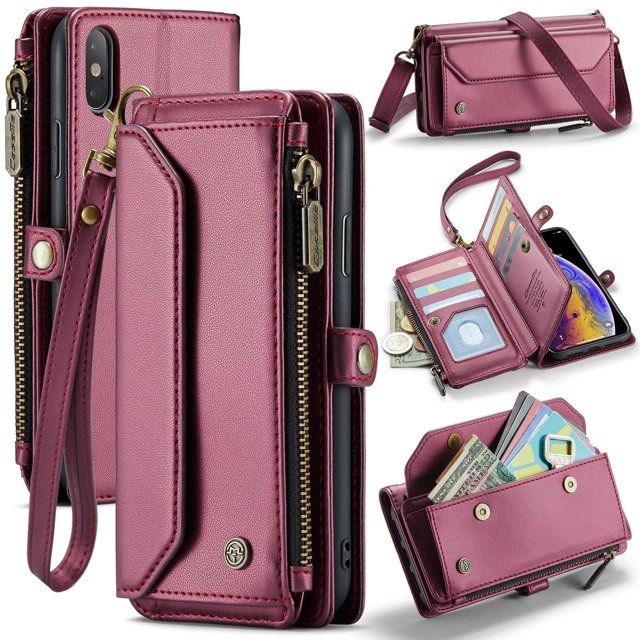 Funda tipo cartera para iPhone XS Max con bloqueo RFID, tarjetero, cremallera y ranura para billetes, correa de hombro magnética de piel sintética suave para mujer