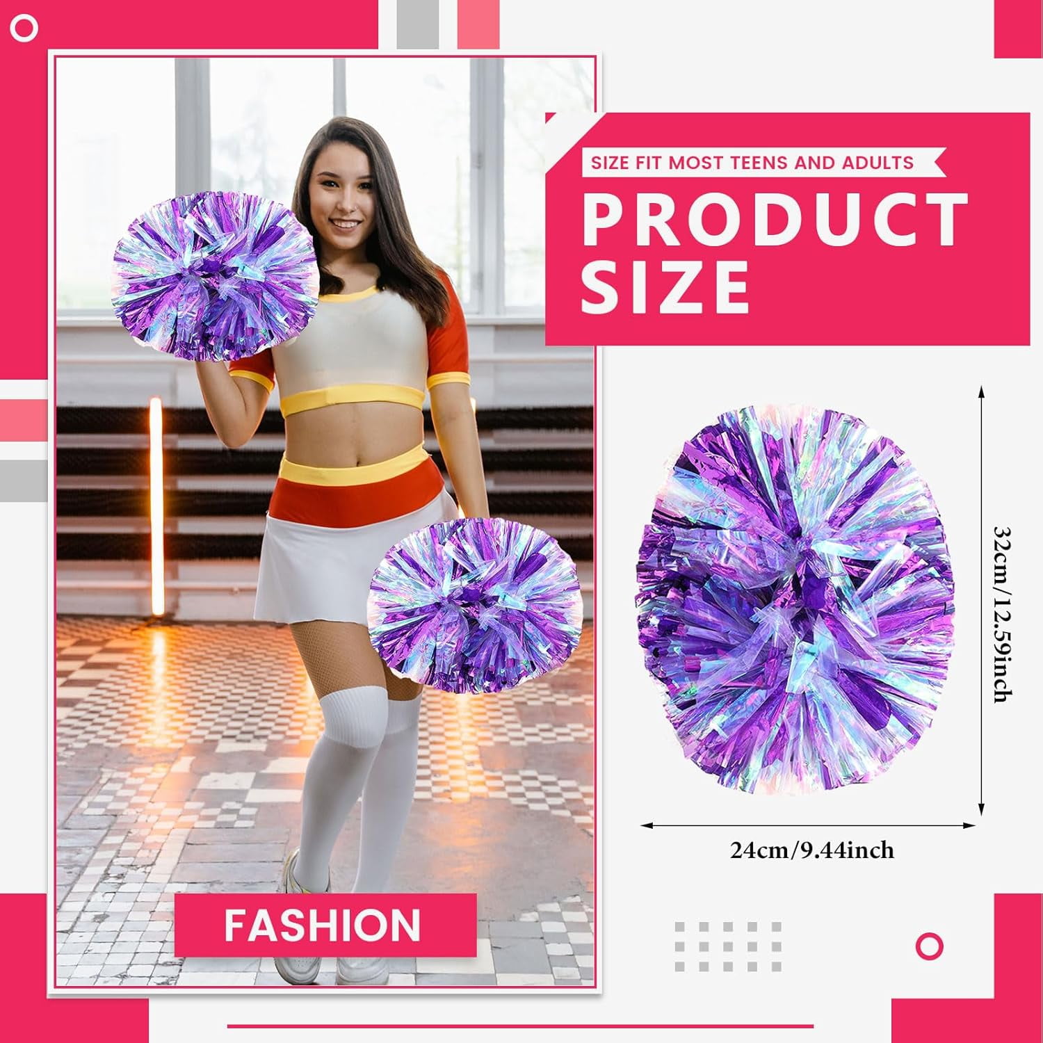 Cheerleader Pom Poms 12 Pack Sports Dance Cheering Plastic Metallic Cheerleading Pom Poms for Kids Adults