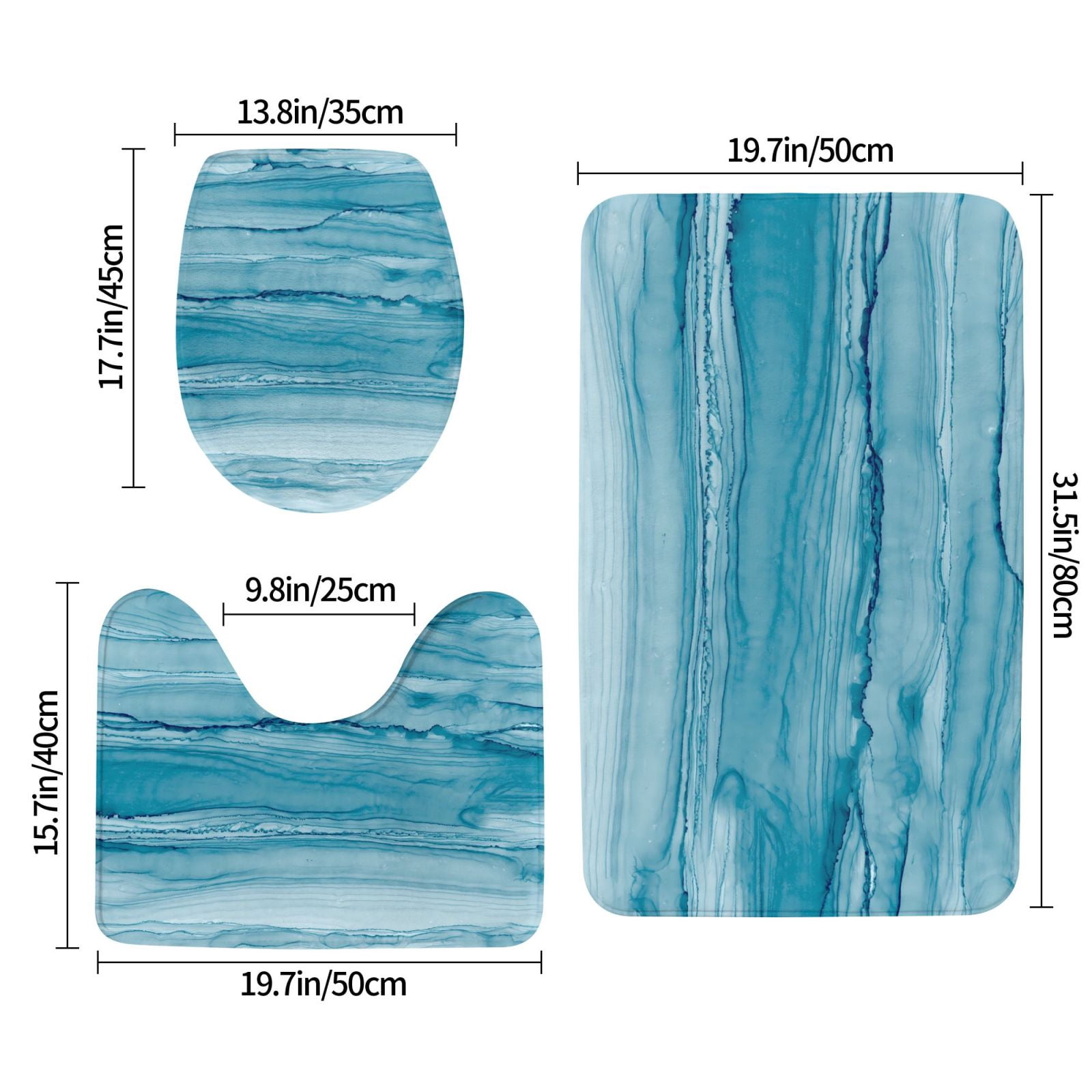Bathroom Rugs Sets 3 Piece - Teal Turquoise Fluid Stripes Absorbent Non Slip Bath Mats, U-Shape Toilet Lid Cover, Contour Mat, Soft Washable Shower Mats Bath Rug Mat for Bathroom Tub Toilet