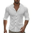 thumbnail image 2 of Dpytoraw Mens Fashion Casual Cot Ton And Buckle Solid Color Nine Sleeve Shirt Shirt Top Men’s Linen Shirts, 2 of 5