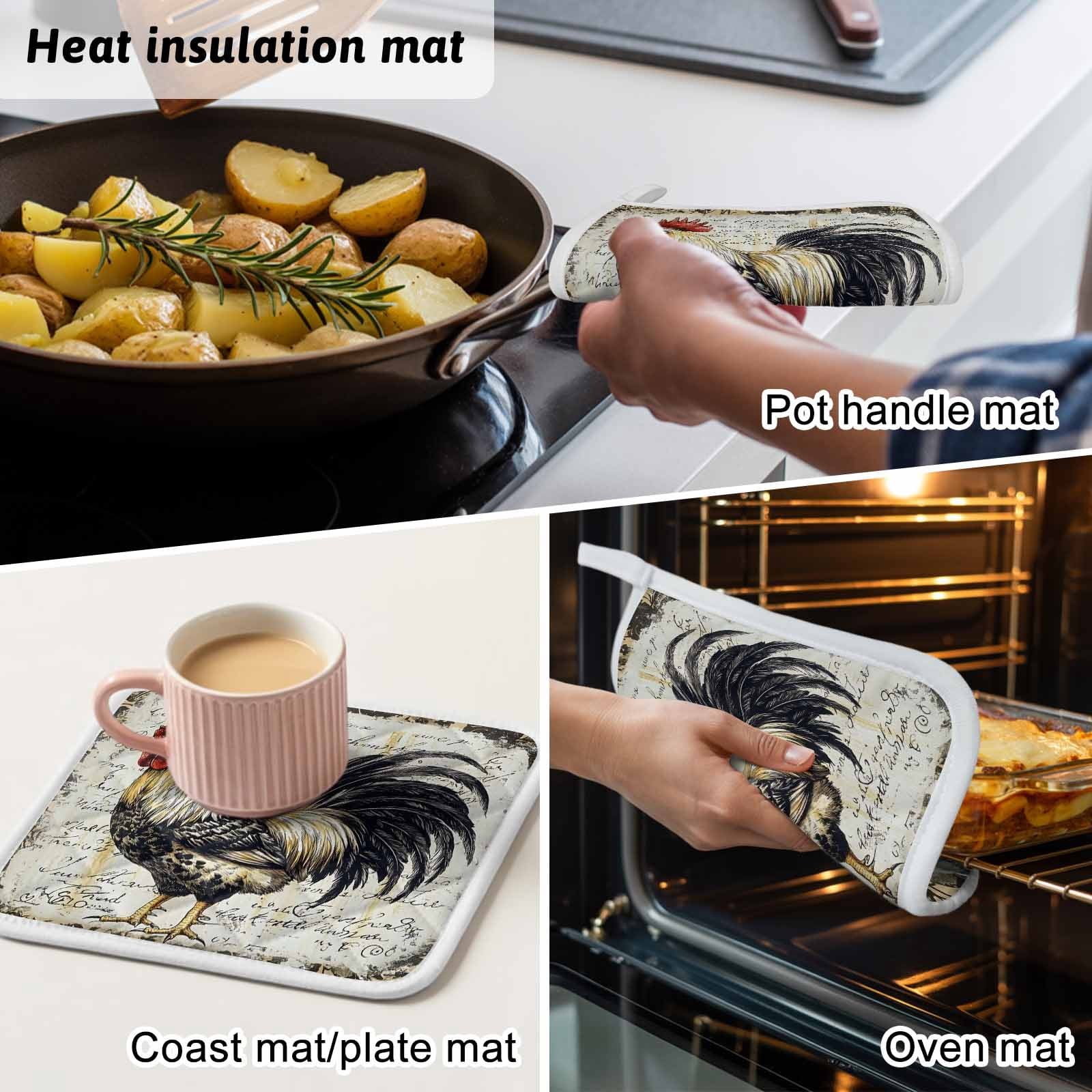 Vintage Rooster Pot Holders for Kitchen Heatproof Potholder, 4 Pack Watercolor Black Yellow Farmhouse Animals Hot Pads Multipurpose Oven Pads Cloth Potholders Trivet for Cooking and Baking