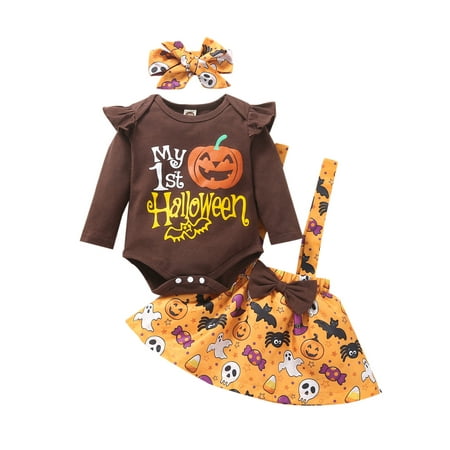 

Yinyinxull Newborn Baby Girls My 1st Halloween Clothes Sets Long Sleeve Romper Suspender Skirt with Headband Coffee 12-18 Months