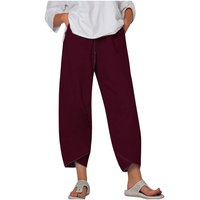 Timegard Plus Size Pants for Women Elastic Waist Solid Color Comfy Fall Casual Crop Pants with Pockets