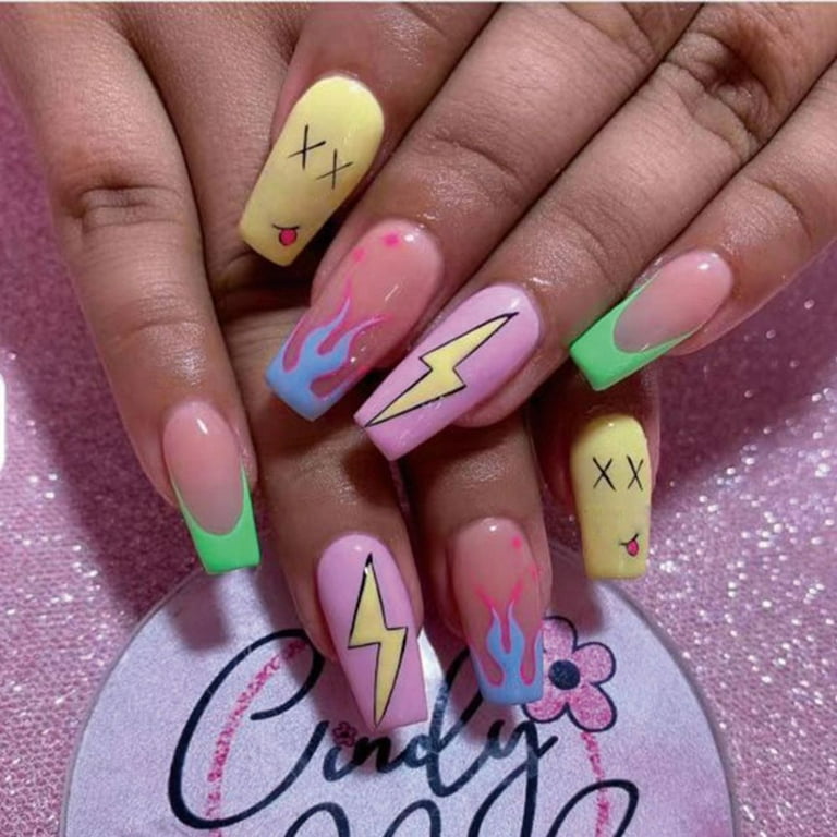 24pcs Press On Nails French Nails Pink Butterfly Coloful Wavy Elegant Full  Cover False Nail Fake Nail JP1857 