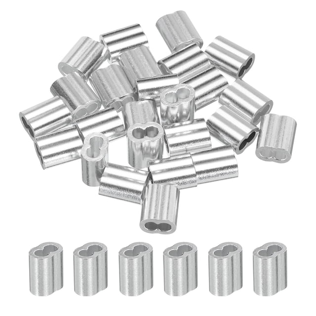 Unique Bargains 1/8' 3mm Aluminum Crimping Loop Sleeve Double Ferrule for Wire Rope Cable Line End, Silver 25 Pack