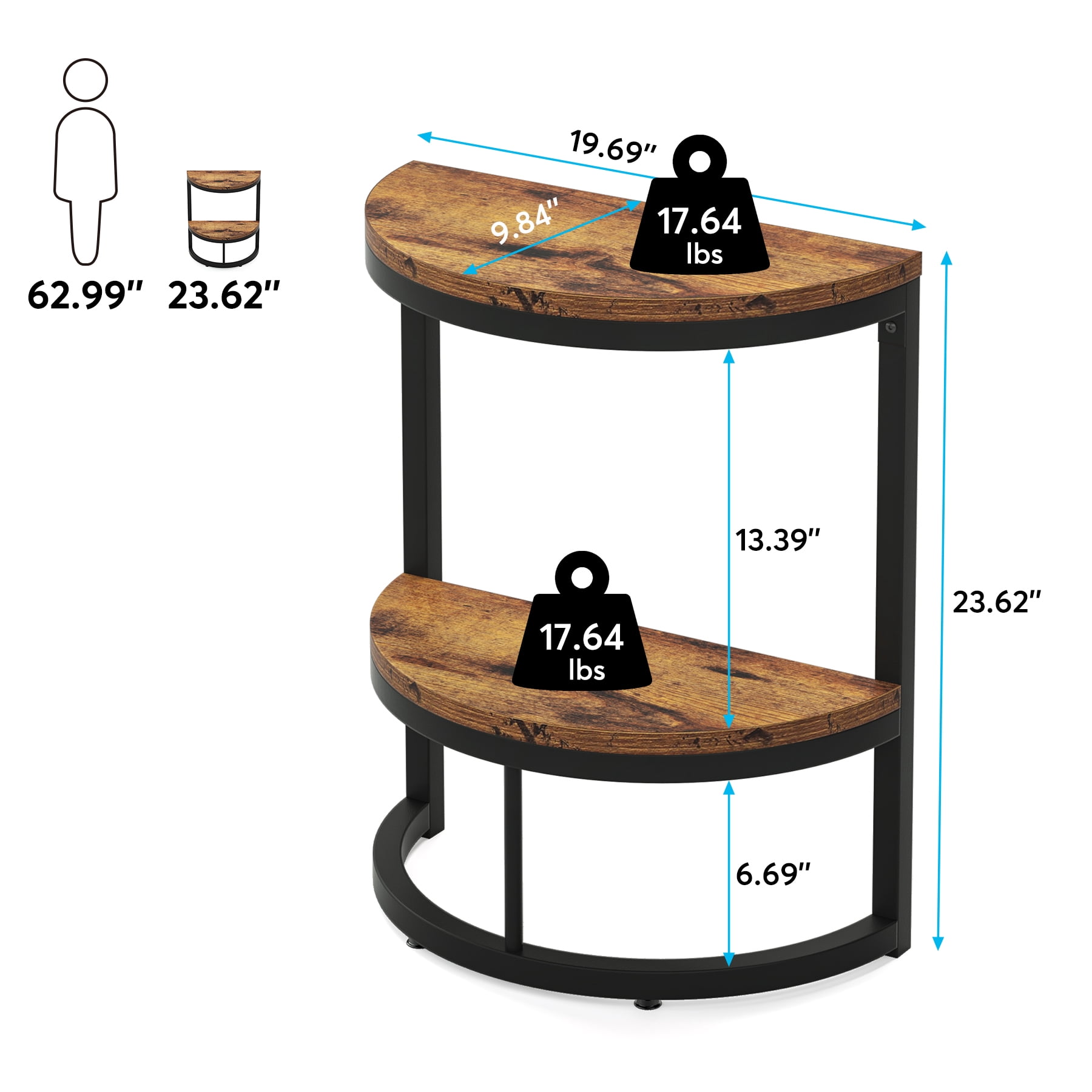 Fnova 2-Tier Half Moon End Table, Modern Wooden Narrow Sofa Side Table, Slim Accent Table Nightstand with Storage Shelf, Easy Assembly, for Living Room, Bedroom, Entryway, Small Space
