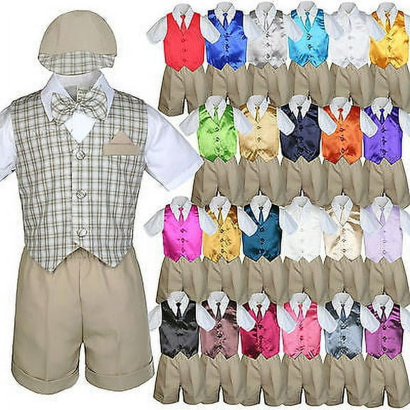 Baby Boy Toddler Formal Khaki Vest Shorts Check Suit Extra Necktie 7pc Set S-4T