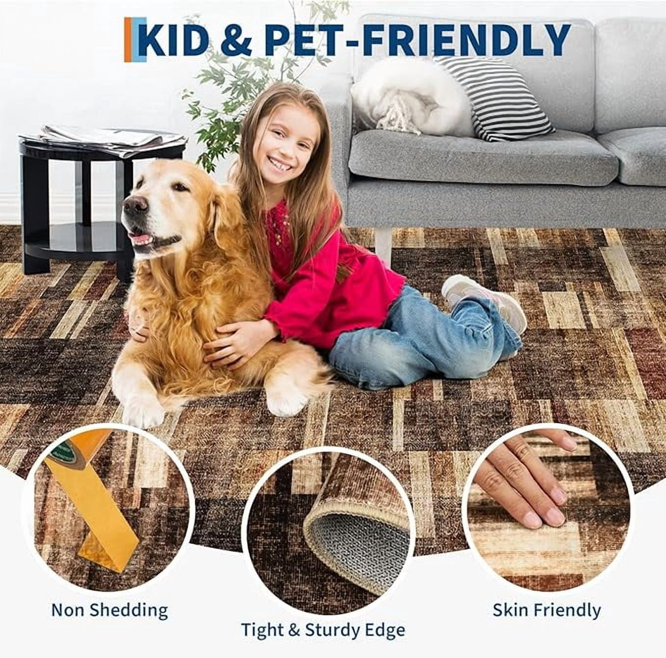 Living Room Rug 5x7, Machine Washbale Area Rugs Modern Geometric Patchwork Carpet Non-Slip Stain Resistant Farmhouse Door Mats Non-Shedding Foldable Rug for Dining Room, Bedroom, Brown