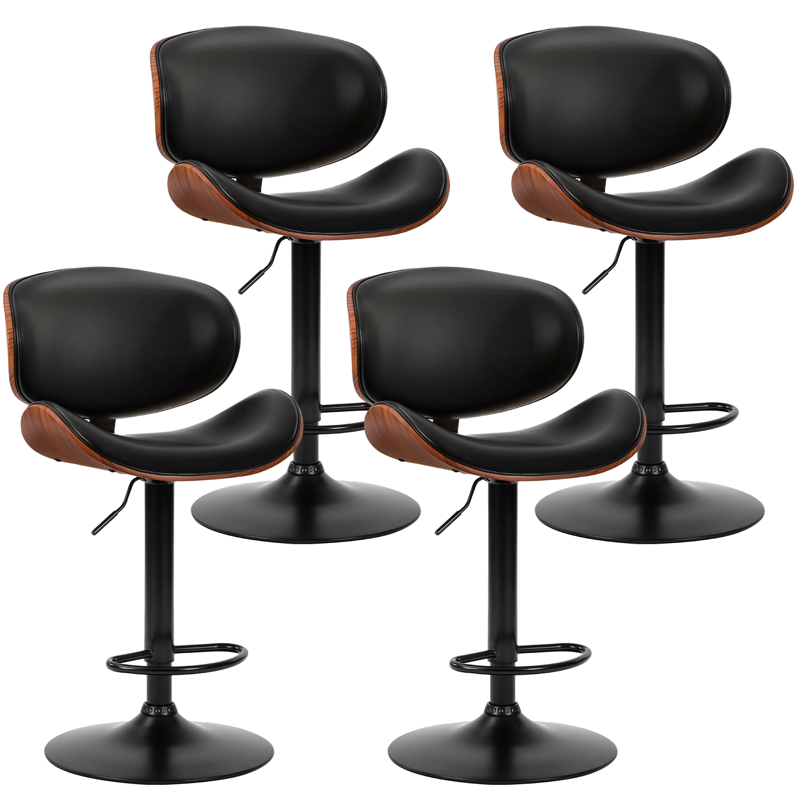 CONCETTA Swivel Bar Stool Set of 2 Pack, Adjustable Height, PU Leather Seat with Anti-slip Rubber Base, Black