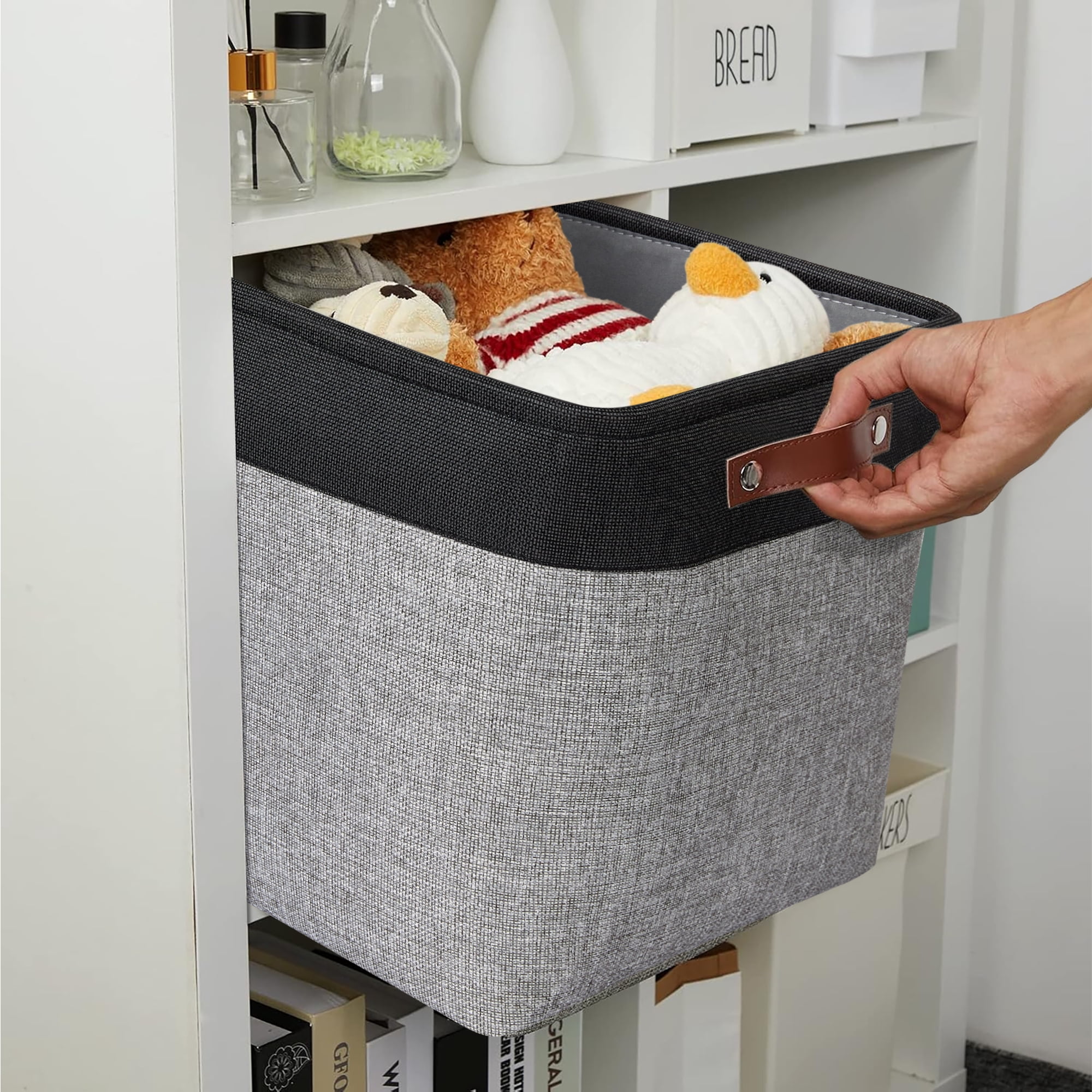 Tegance 13x13 Storage Cubes Baskets 4 Pack Fabric Cube Storage Bins Large Storage Baskets with Leather Handles,Decorative Storage Boxes for Organizing Shelves(BlackGrey)