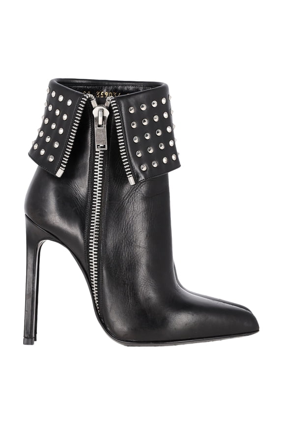 Pre-Owned Saint Laurent Paris Fold Over Studded Booties in Black Leather
