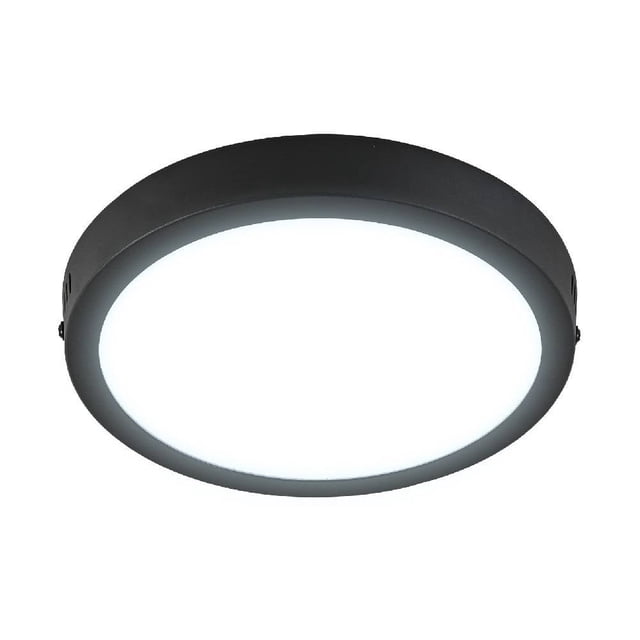 luminario tecnolite lámpara plafón paratecho plafón LED, vista frontal centrada de un difusor circular de policarbonato con marco gris oscuro que emite luz fría uniforme (ángulo de apertura 100°), multivoltaje y accesorios de montaje incluidos; suele usarse también para pasillos o clósets.