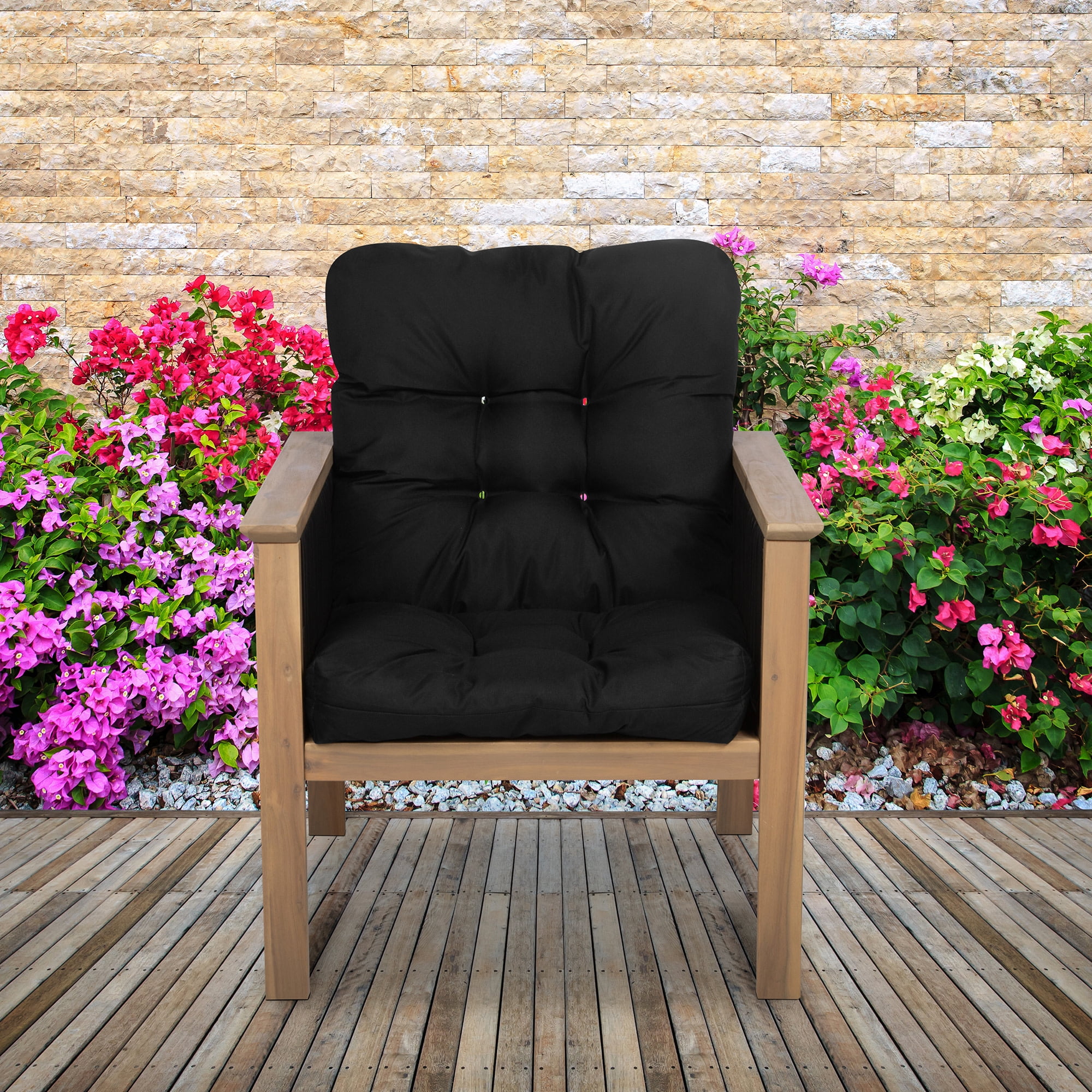 Patio Chair Cushion, Black, Solid, 21”W x 19”D (seat) x 22.5”H (back)