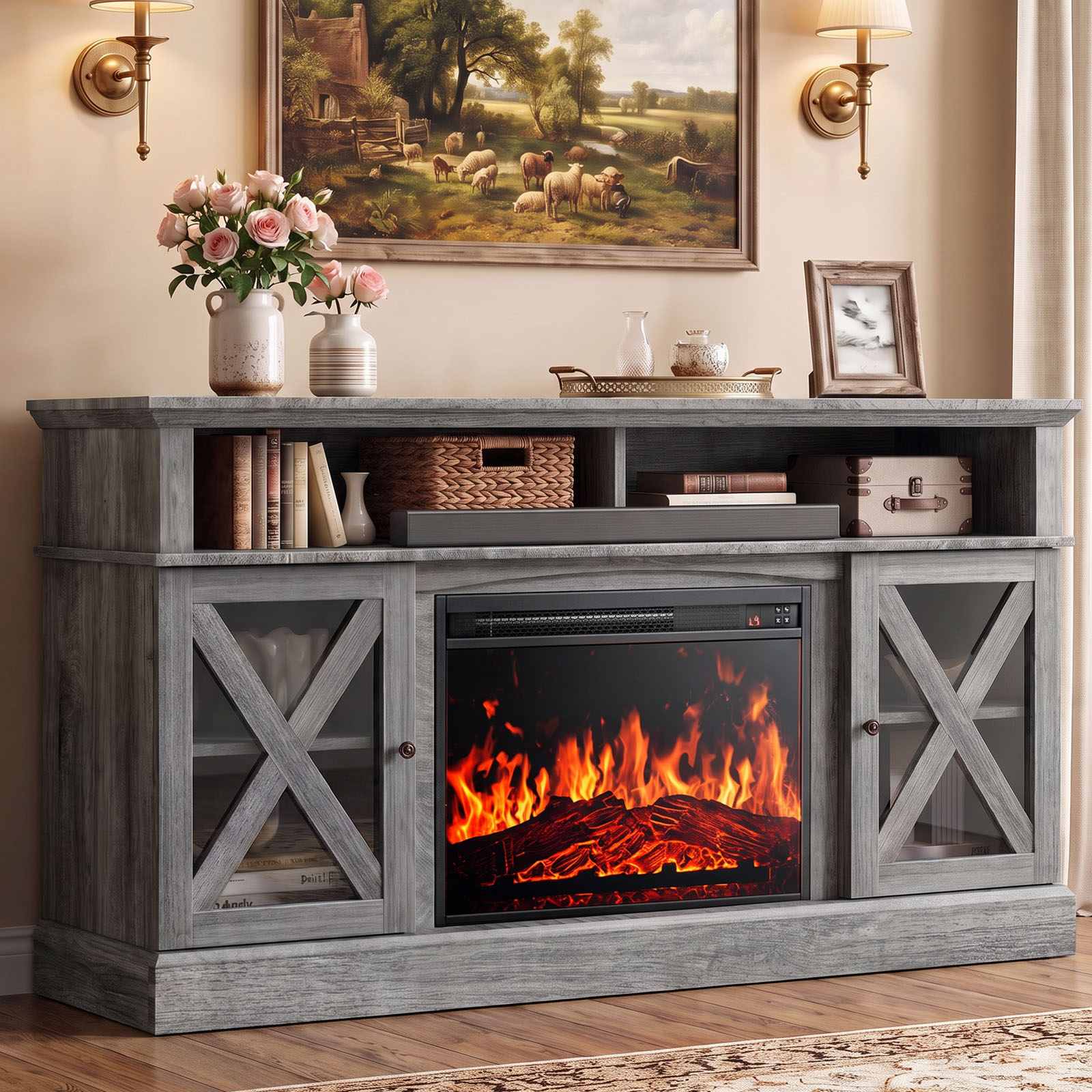 Chitooma 75" Farmhouse Electric Fireplace TV Stand, Gray photo 1