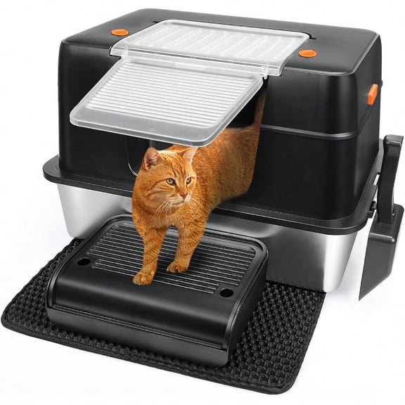 Stainless  Litter Box, XL Side Entry  Litter Box with Lid for Big Cats & Kitty, Removable Enclosed   Pan with High Sided Enclosure, Scoop, Mat, Footboard (Black)