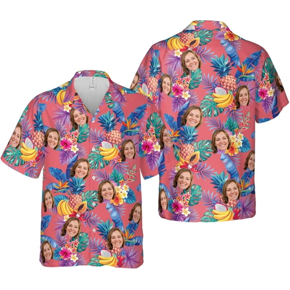 Customized Tropical Floral Hawaiian Shirt with Face for Men and Women, Wife's Husband’s Photo Aloha Beach Fruit Flower Shirts (347) (S)