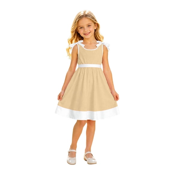 School Uniform for Girls Cinched Waist Bowknot Ruched Sleeveless Crew Neck Patchwork Print Dress Back-To-School Girls' Dresses 3-4 Years