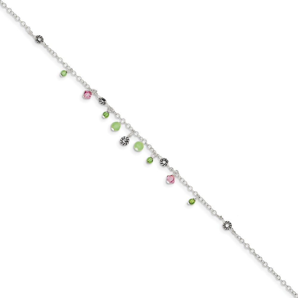 Sterling Silver 9in Pink Crystal Green Quartz Peridot Beads Anklet QG1401