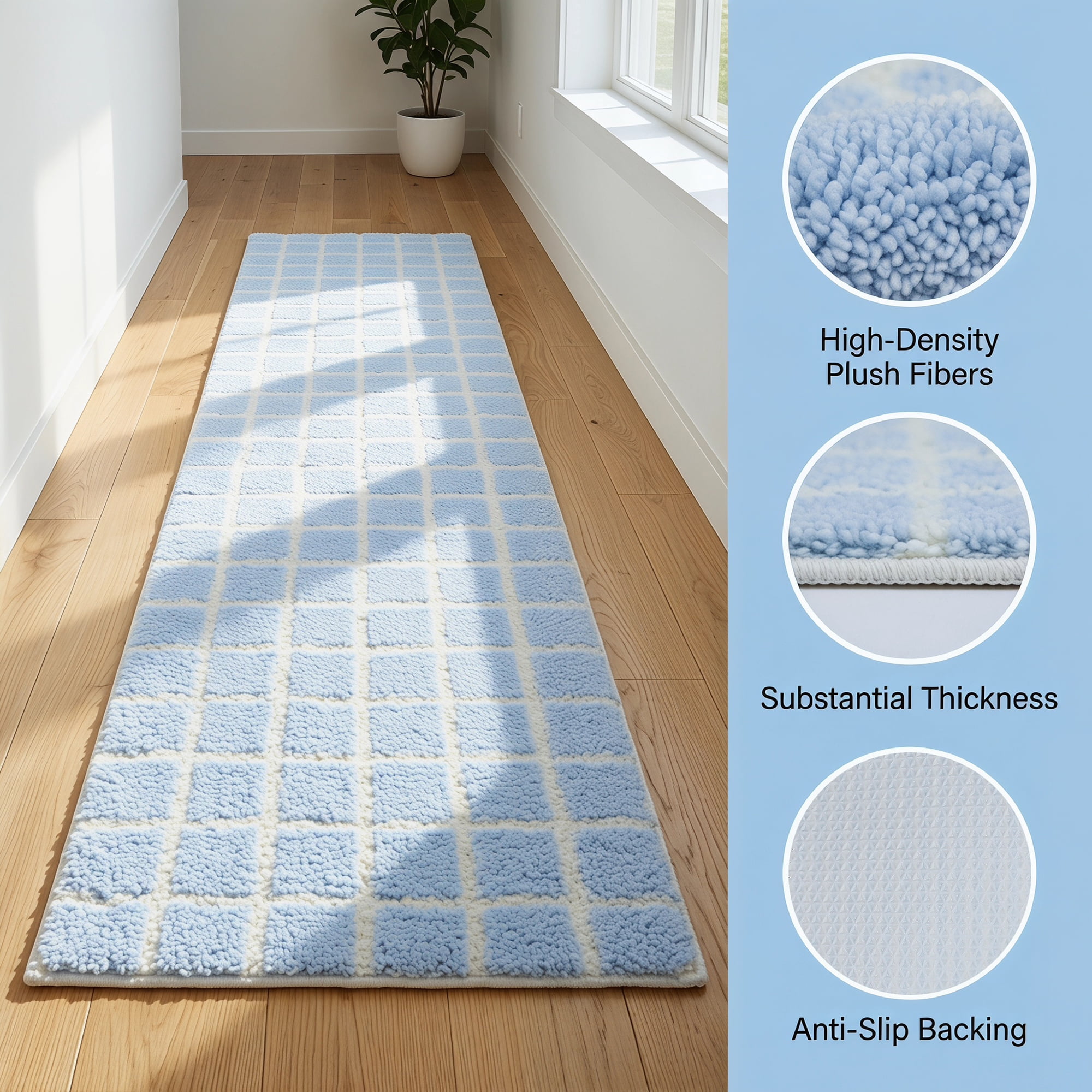 Unique Bargains Geometric Runner Rug Shaggy Bedside Non-Slip Hallway Carpet Blue Plaid
