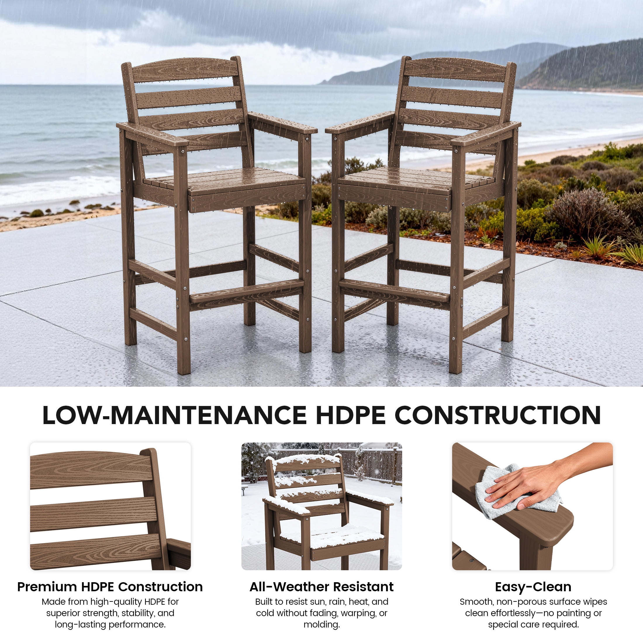 RIAFUN HDPE Outdoor Bar Set of 5 - 1 Height Bar Table & 4 Oversized Wide Seat Tall Adirondack Chairs, Weather Resistant for Patio, Poolside, Garden, Brown