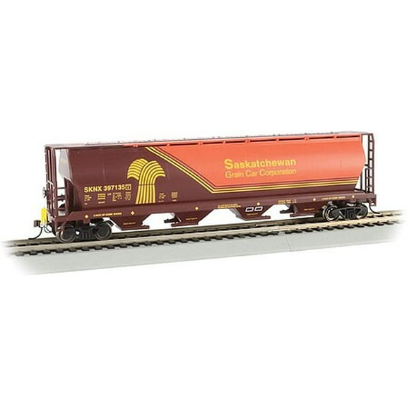 Bachmann 73802 HO Scale Canadian Cylindrical 4-Bay Grain Hopper with FRED - Ready to Run -- Saskachewan Grain Car Corp. SKNX #397135 (orange, brown, yellow)