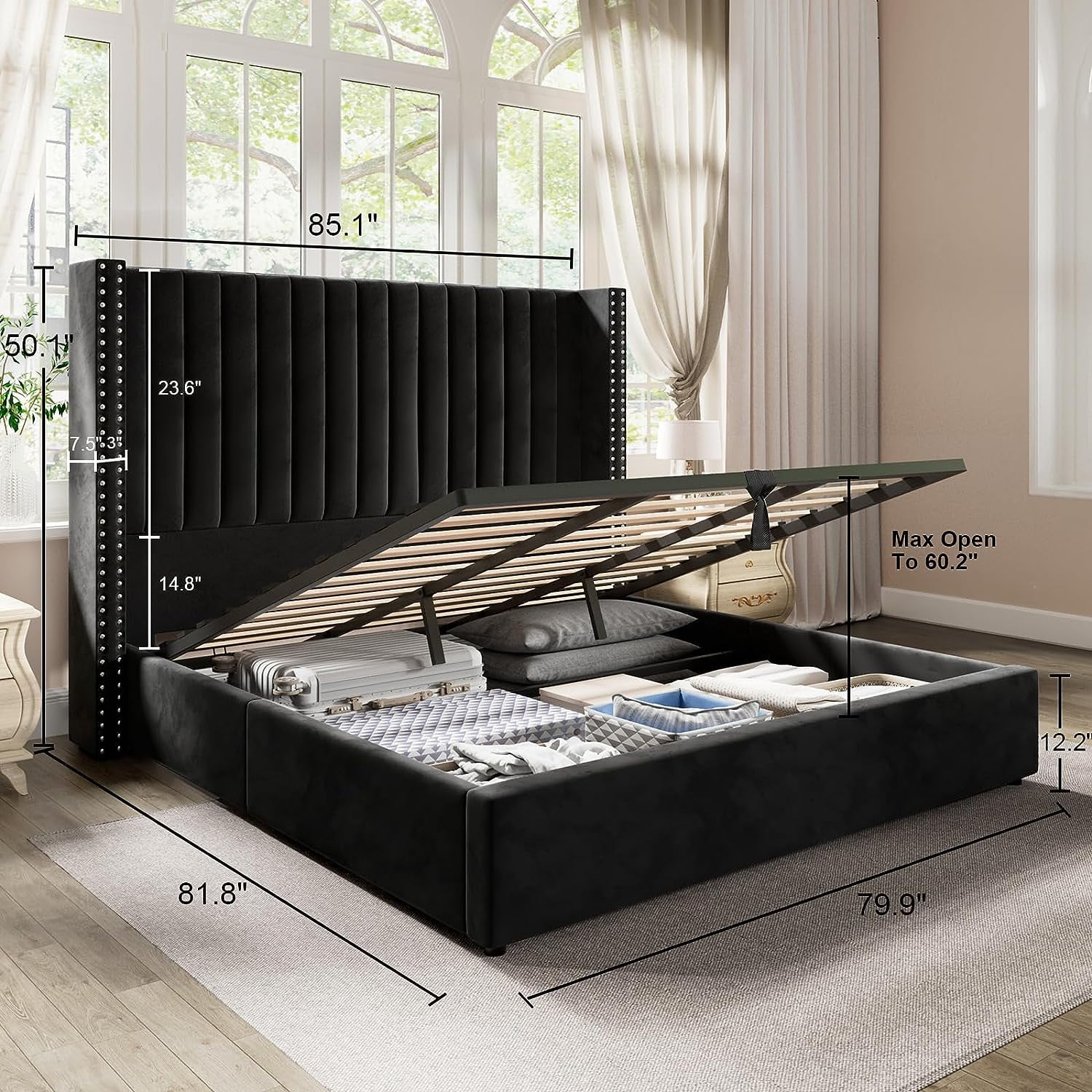 Merluxy King Bed Frame Lift Up Storage Bed,Velvet King Upholstered Bed Frame/Channel Tufted Wingback Headborad/No Box Spring Needed/Black