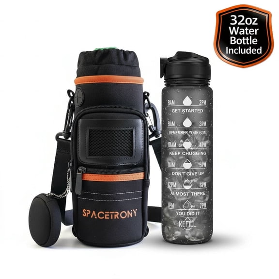 SPACETRONY Neoprene Sleeve with 32 oz Water Bottle – Adjustable Strap, Drawstring & Zippered Pockets, Black & Orange