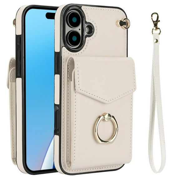 For iPhone 16 Case Premium PU Leather Accordion Folding Wallet &Card Holder With RFID Shielding Material Phone Case ,with Adjustable Ring Holder And Wristband,beige,For iPhone 16